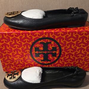 Tory Burch Black Leather Reva Ballet Flats with Gold Logo